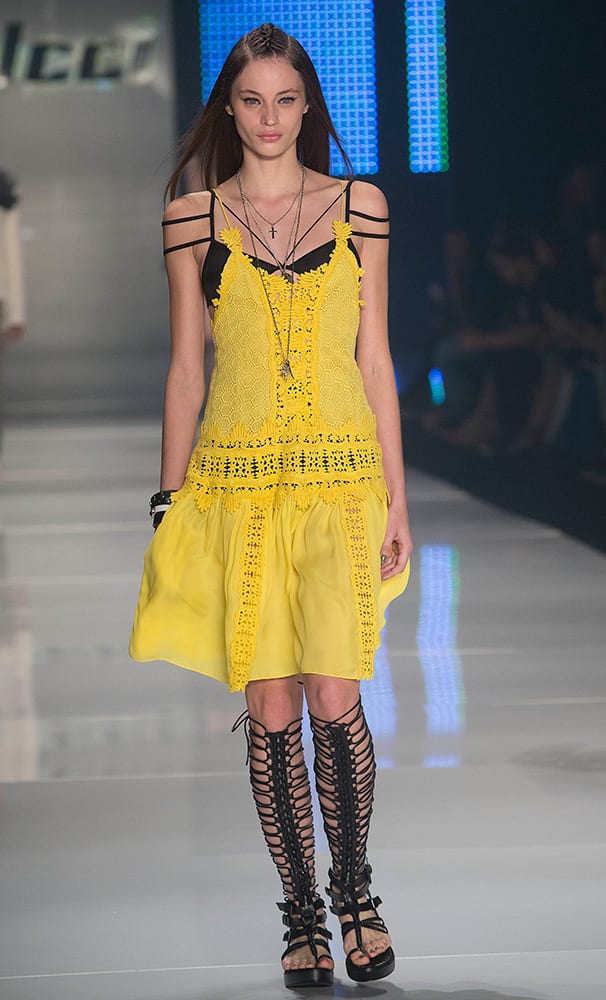 A model wears a creation from the Colcci Summer collection during the Sao Paulo Fashion Week in Sao Paulo, Brazil.