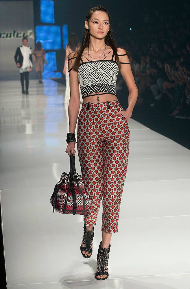 A model wears a creation from the Colcci Summer collection during the Sao Paulo Fashion Week in Sao Paulo, Brazil.