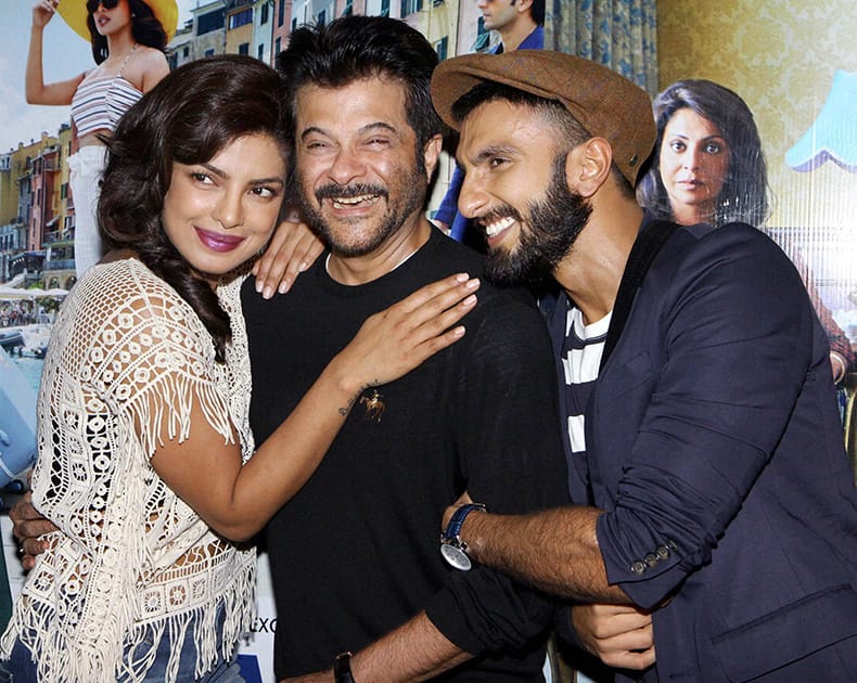 Actors Priyanka Chopra, Ranveer Singh and Anil Kapoor at the trailer launch of Dil Dhadakne Do in Mumbai.