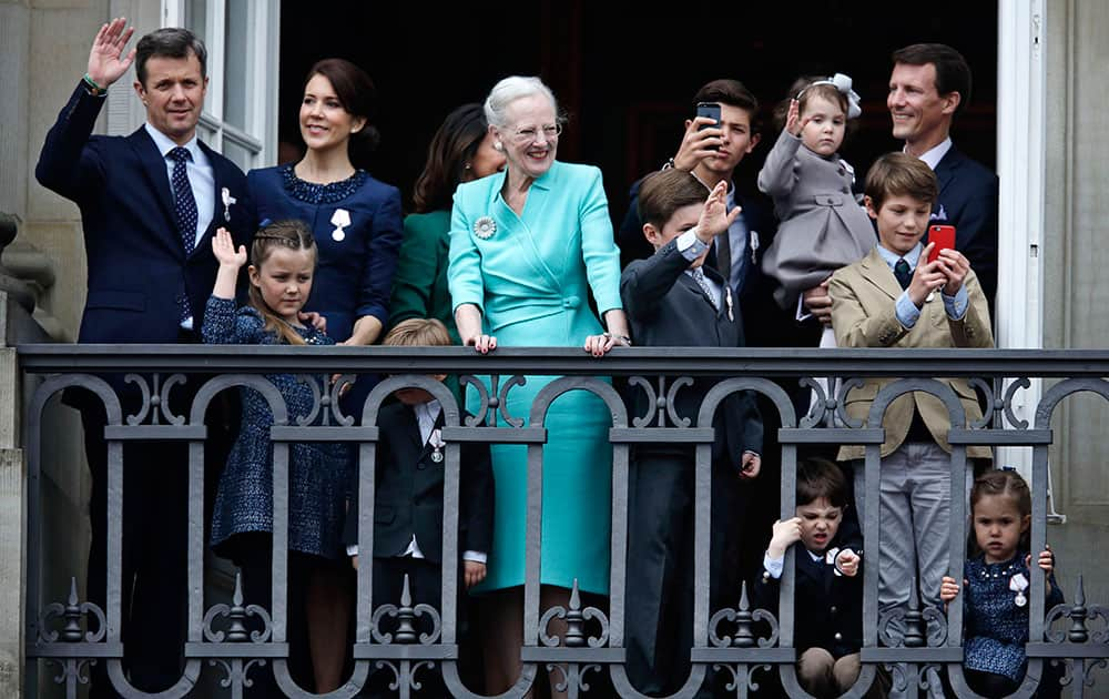 The Queen of Denmark, Margrethe II celebrates her 75th birthday on the balcony with other members of the Royal Family looking out at the crowd below, at Christian VII’s Palace, Amalienborg.