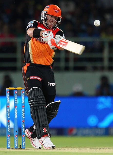 David Warner of the Sunrisers Hyderabad plays a shot during their Pepsi IPL 2015 match against Rajasthan Royals in Visakhapatnam.