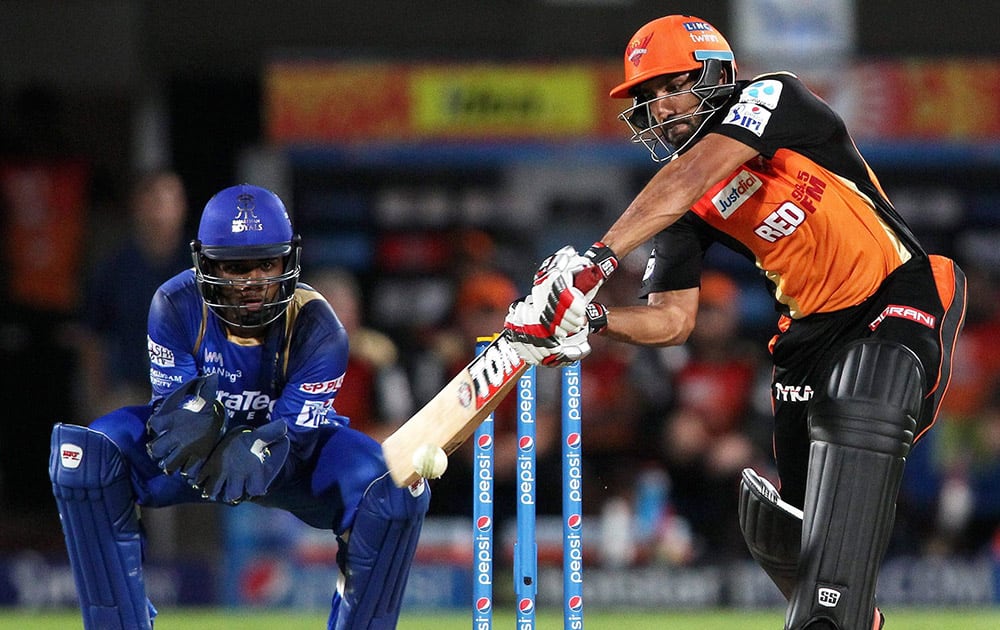 Ravi Bopara of the Sunrisers Hyderabad plays a shot during their Pepsi IPL 2015 match against Rajasthan Royals in Visakhapatnam.