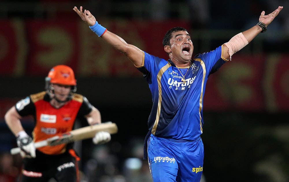 Pravin Tambe of Rajasthan Royals appeals successfully for LBW to get Eoin Morgan of Sunrisers Hyderabad wicket during their Pepsi IPL 2015 match in Visakhapatnam.