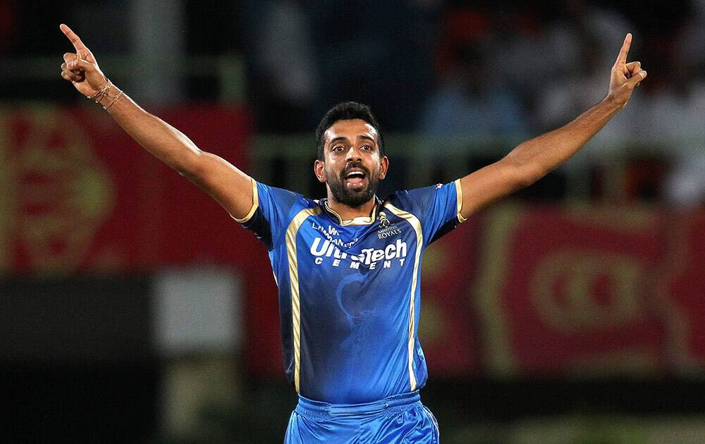 Dhawal Kulkarni of Rajasthan Royals celebrates getting Shikhar Dhawan of Sunrisers Hyderabad wicket during their Pepsi IPL 2015 match in Visakhapatnam.