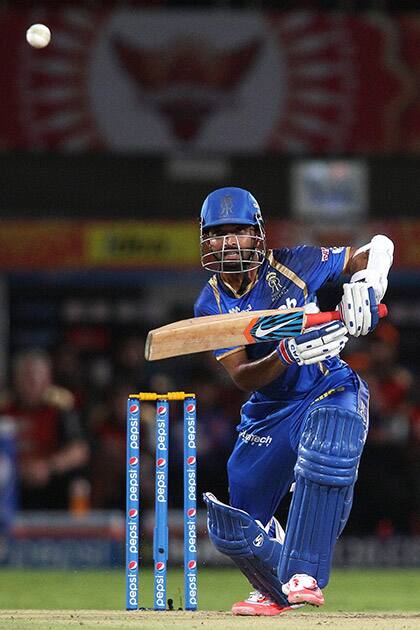 Ajinkya Rahane of Rajasthan Royals plays a shot against Sunrisers Hyderabad during their Pepsi IPL 2015 match in Visakhapatnam.