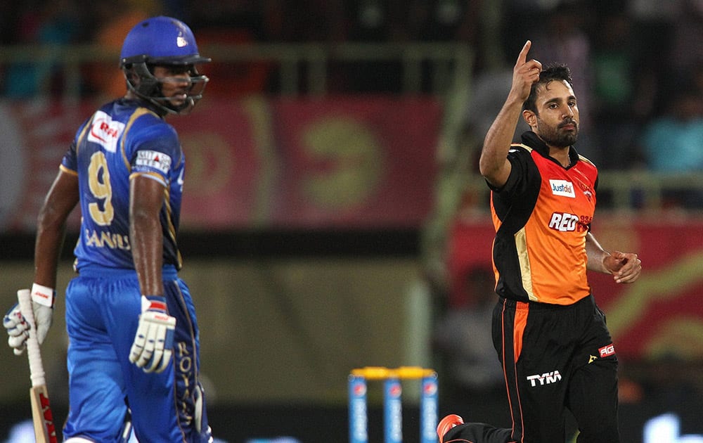 Ravi Bopara of Sunrisers Hyderabad celebrates wicket of Sanju Samson of the Rajasthan Royals wicket during their Pepsi IPL 2015 match in Visakhapatnam.