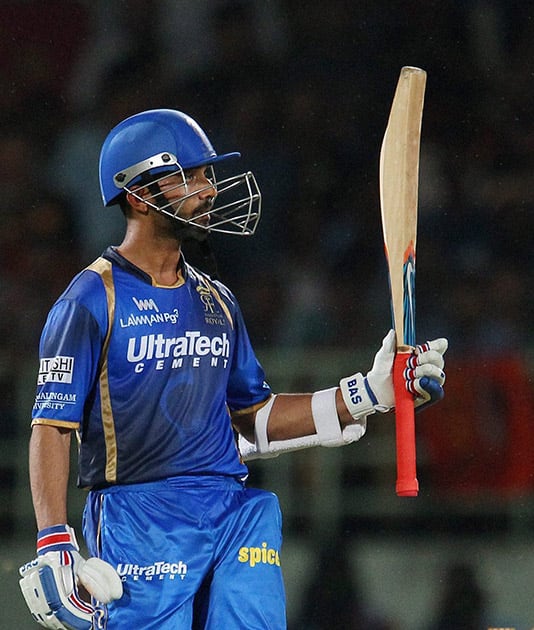 Ajinkya Rahane of the Rajasthan Royals celebrates his fifty against Sunrisers Hyderabad during their Pepsi IPL 2015 match in Visakhapatnam.