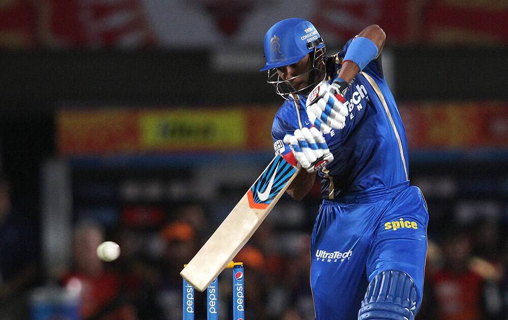 Stuart Binny of Rajasthan Royals plays a shot against Sunrisers Hyderabad during their Pepsi IPL 2015 match in Visakhapatnam.