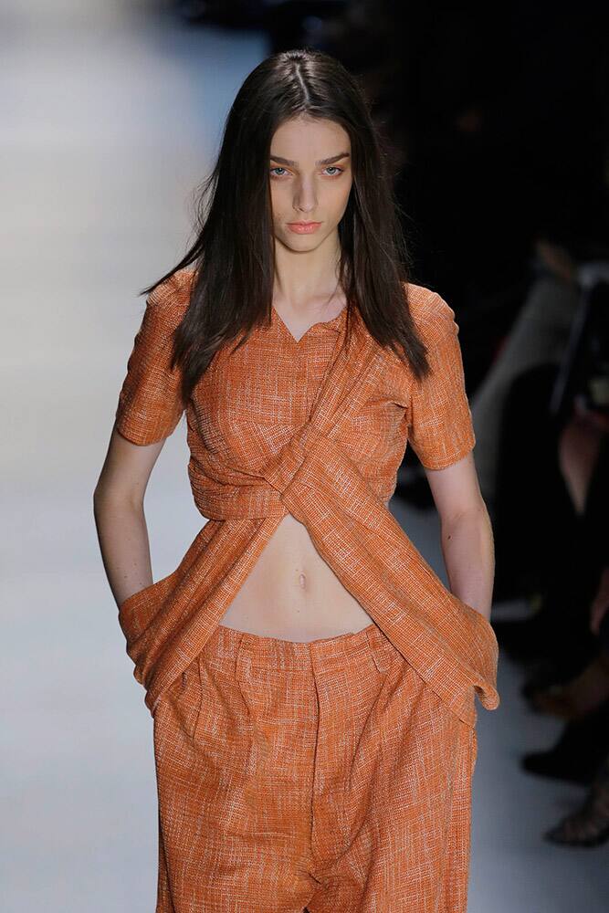 A model wears a creation from the Iodice Summer collection during the Sao Paulo Fashion Week in Sao Paulo, Brazil.