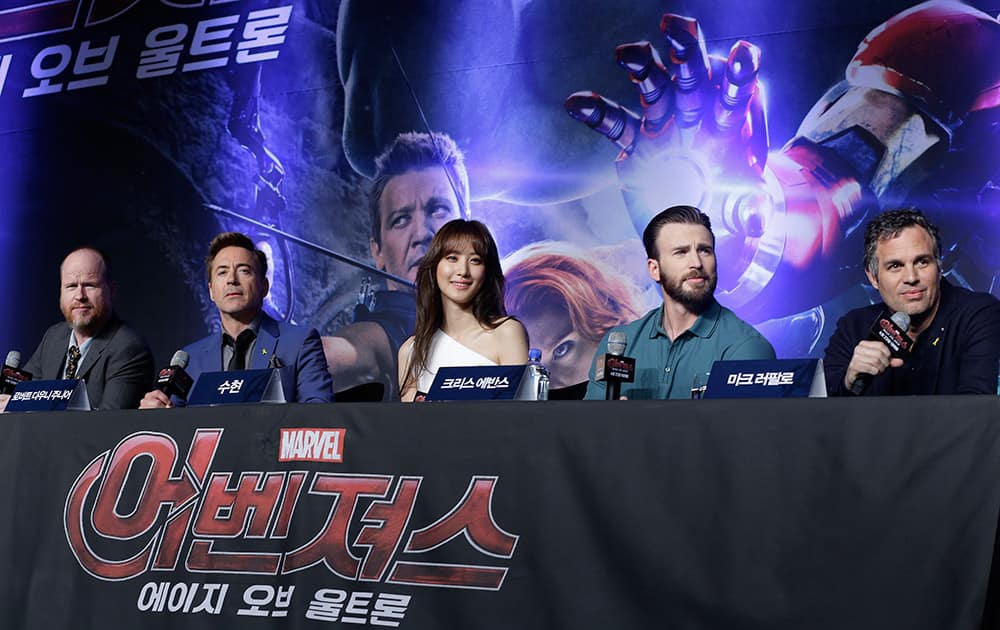 US director Joss Whedon, US actor Robert Downey Jr., South Korean actress Claudia Kim, US actors Chris Evans and Mark Ruffalo attend a press conference to promote their latest film 'Avengers: Age of Ultron' in Seoul, South Korea.