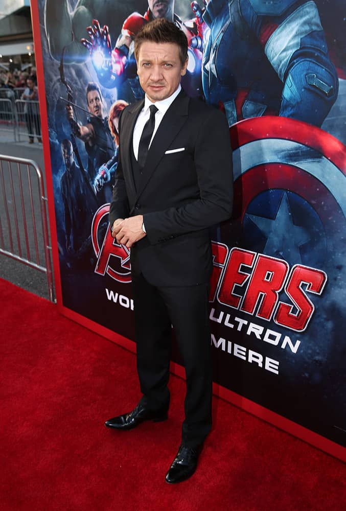 Jeremy Renner arrives at the Los Angeles premiere of 'Avengers: Age Of Ultron' at the Dolby Theatre.