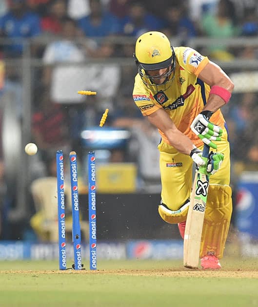 Chennai Super Kings batsman Faf du Plessis is bowled out during an IPL T20 match against Mumbai Indians in Mumbai.