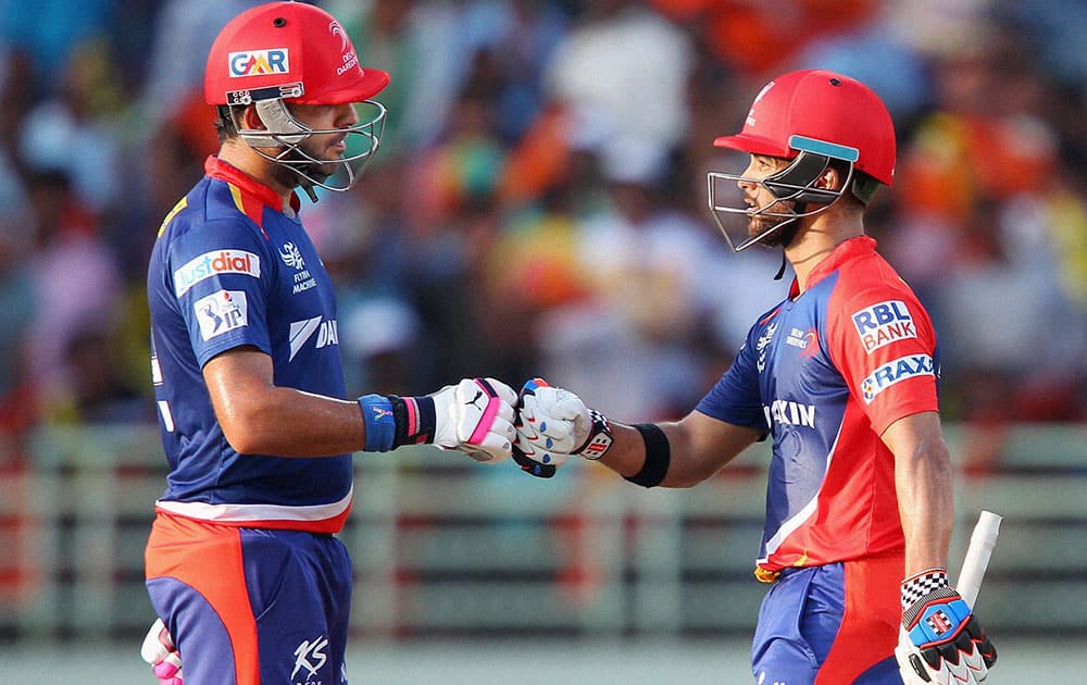 Yuvraj Sing of the Delhi Daredevils and Jean-Paul Duminy captain of the Delhi Daredevils during the IPL match Sunrisers Hyderabad in Visakhapatnam.