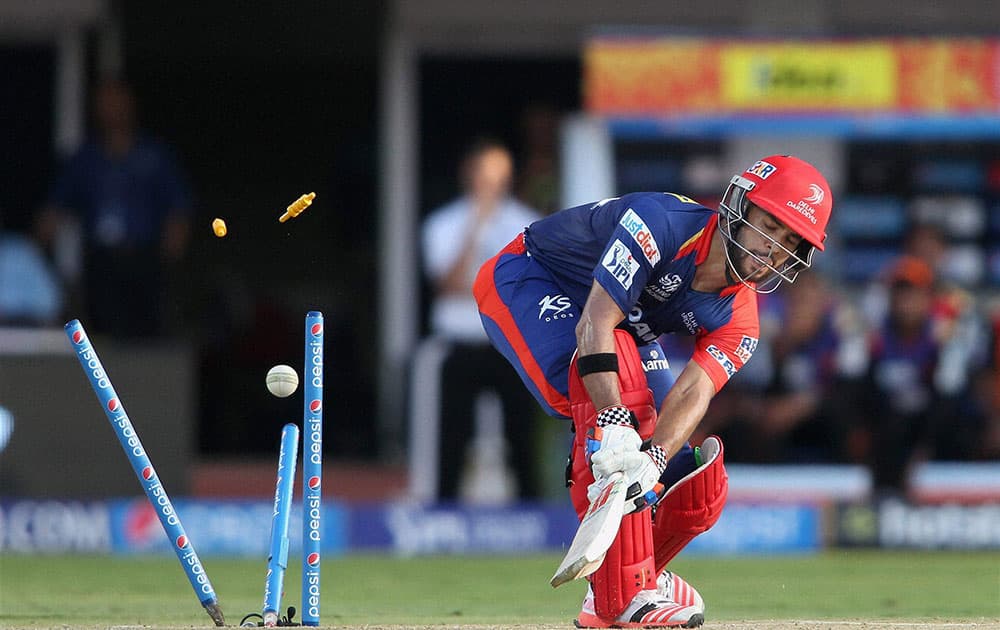 Delhi Daredevils captain Jean-Paul Duminy is clean bowled by Dale Steyn of Sunrisers Hyderabad during the IPL match in Visakhapatnam.