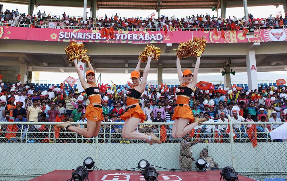 Cheargirls performing during the IPL match between Sunrisers Hyderabad and Delhi Daredevils in Visakhapatnam.