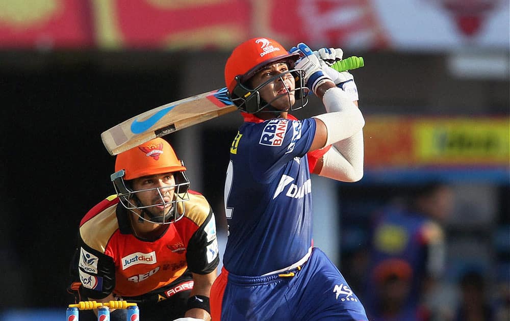 Shreyas Iyer of the Delhi Daredevils hits over the top for six during IPL match against Sunrisers Hyderabad in Visakhapatnam.