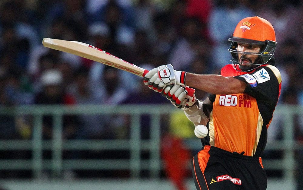 Shikhar Dhawan of the Sunrisers Hyderabad plays a shot during IPL match against Delhi Daredevils in Visakhapatnam.