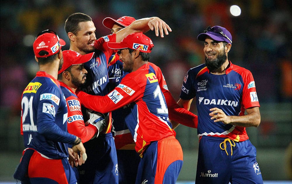 Daredevils Nathan Coulter-Nile, Yuvraj Singh and Imran Tahir celebrate their win over Sunrisers Hyderabad in the IPL match in Visakhapatnam.