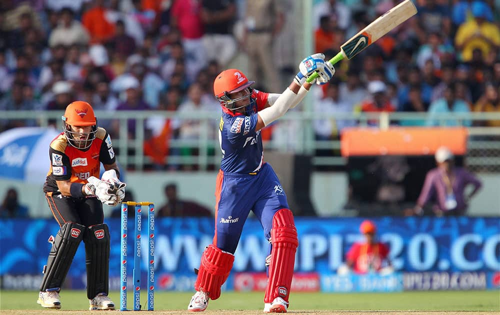 Shreyas Iyer of the Delhi Daredevils hits over the top for six during IPL match against Sunrisers Hyderabad in Visakhapatnam.