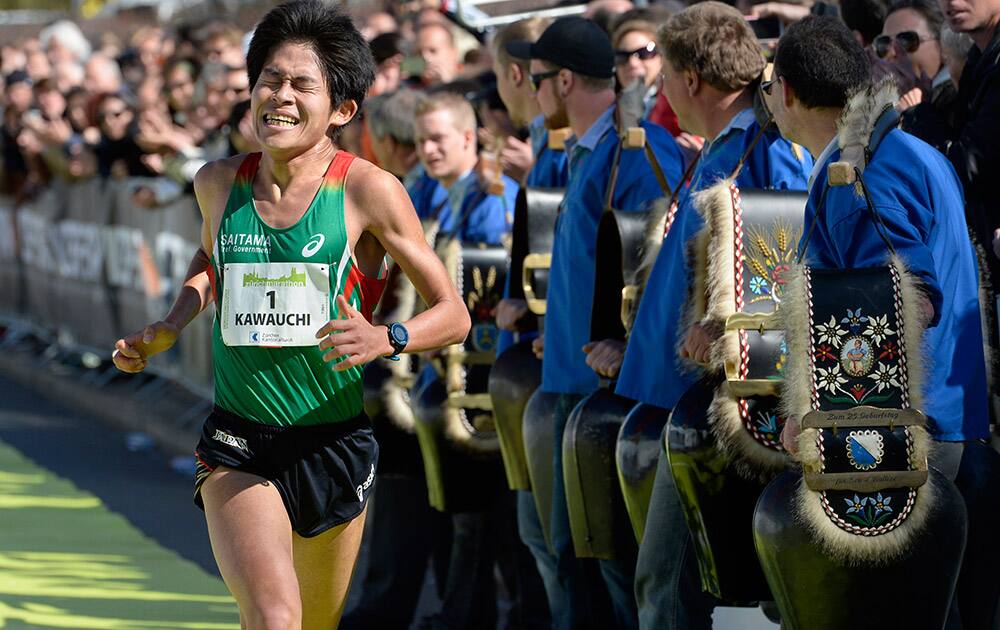 Yuki Kawauchi from Japan runs to the second place at the Zurich marathon in Zurich, Switzerland.