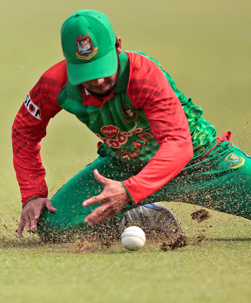 Bangladesh’s Mominul Haque fields during the second one-day international cricket match against Pakistan in Dhaka.