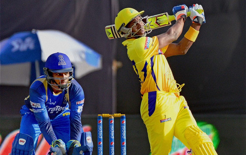 Dwayne Bravo completes his half century during a match between Rajasthan Royal and Chennai Super Kings at Motera Stadium in Ahmedabad.