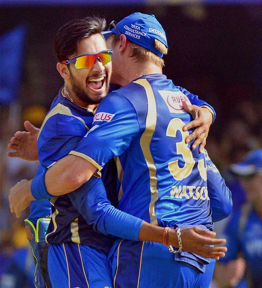 Rajasthan Royals celebrate after taking down Faf du Plessis wicket at Motera Stadium in Ahmedabad.