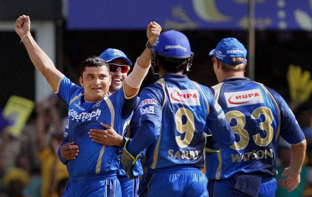 Rajasthan Royals celebrate the wicket of Chennai Super Kings during a match in Ahmedabad.