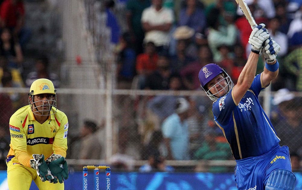 Rajasthan Royals captain Shane Watson plays a shot during a IPL T-20 match with Chennai Super Kings in Ahmedabad.