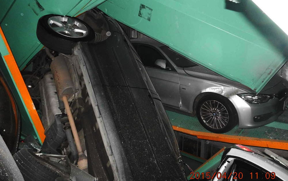Vehicles are seen piled on themselves in an automated parking tower after the lift system failed during the 6.3 magnitude earthquake that struck off the island's eastern coast in Taipei, Taiwan.