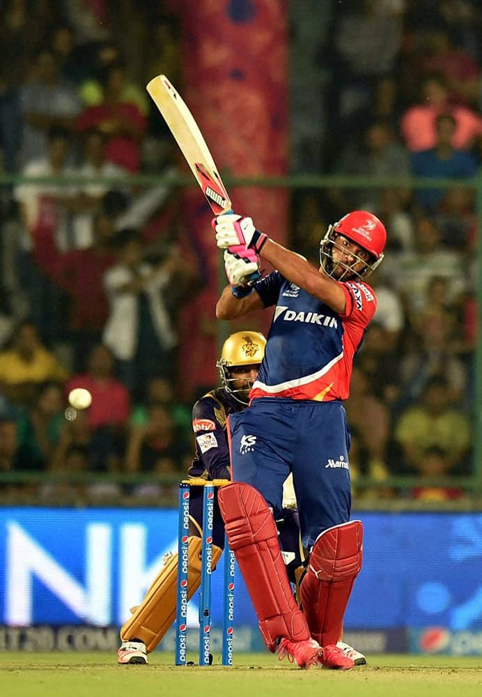 Yuvraj Singh of Delhi Daredevils plays a shot during their IPL match against Kolkata Knight Riders at Feroz Shah Kotla Stadium in New Delhi.