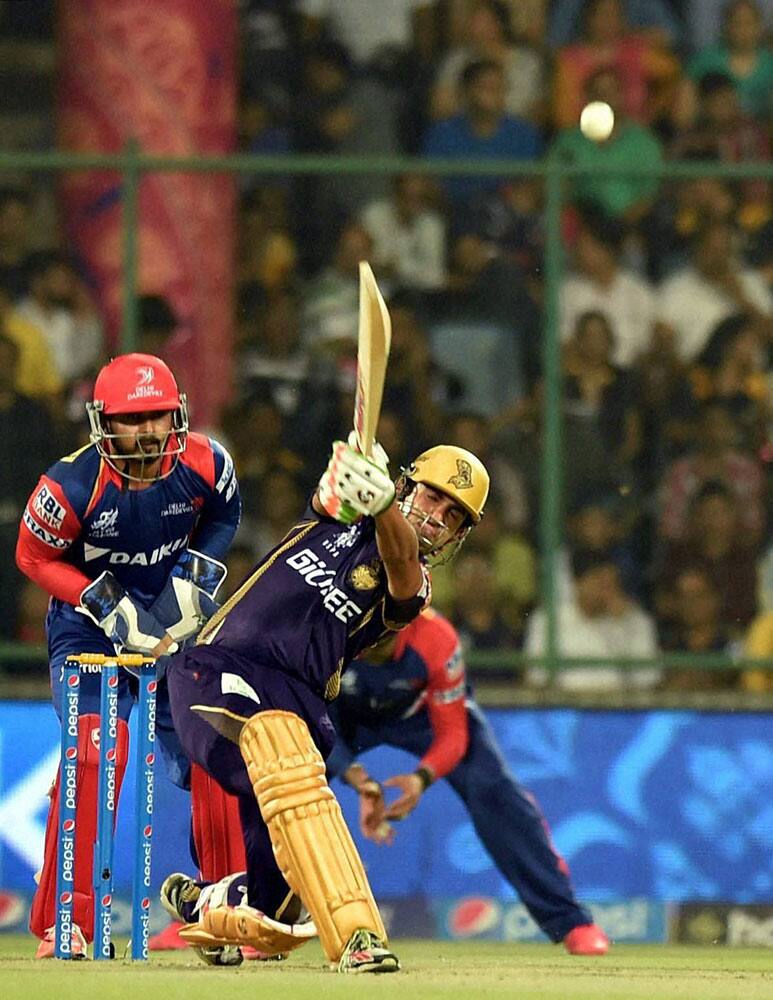 Gautam Gambhir of Kolkata Knight Riders plays a shot during their IPL match against Delhi Daredevils at Feroz Shah Kotla Stadium in New Delhi.