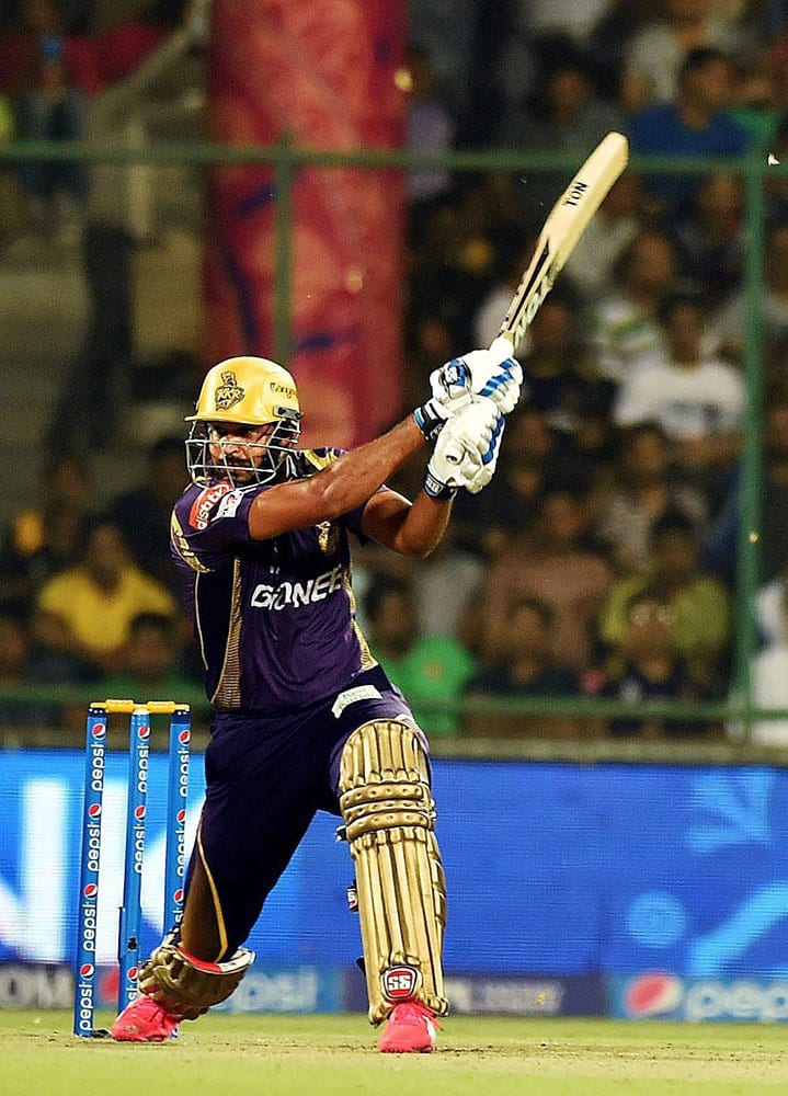 Yusuf Pathan of Kolkata Knight Riders plays a shot during their IPL match against Delhi Daredevils at Feroz Shah Kotla Stadium in New Delhi.