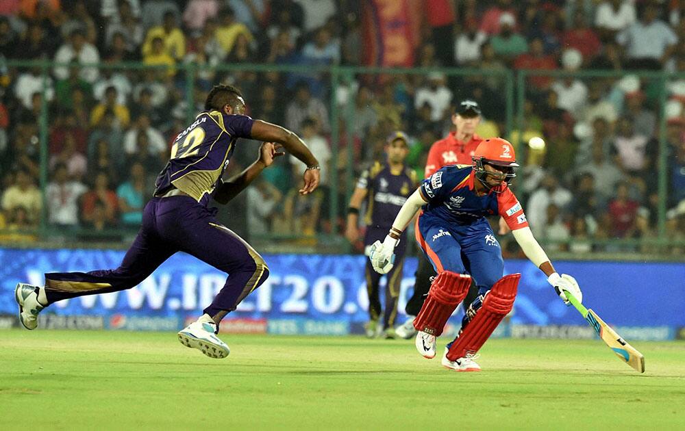 SHREYAS IYER OF DELHI DAREDEVILS TAKES A RUN DURING THEIR IPL MATCH AGAINST KOLKATA KNIGHT RIDERS AT FEROZ SHAH KOTLA STADIUM IN NEW DELHI.