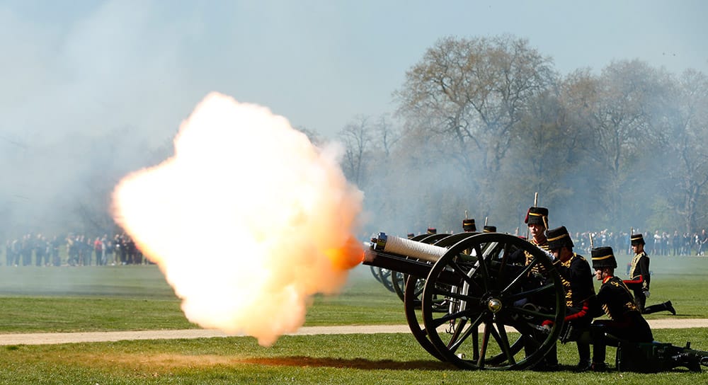 Members of the King's Troop Royal Horse Artillery fire a salvo during a 41 gun Royal Salute to celebrate the birthday of Queen Elizabeth II in Hyde Park in London. Some 71 horse pulled six World War I era 13 pounder field guns in the park for the salute.