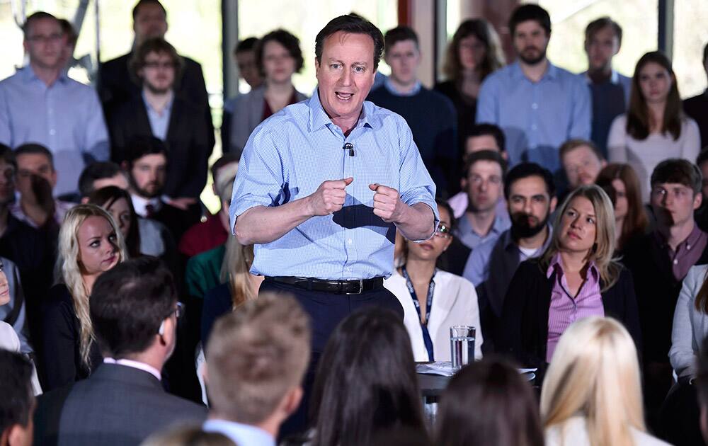 Britain's Prime Minister David Cameron speaks to Conservative Party supporters during his election campaign stop in Horstforth, northern England.