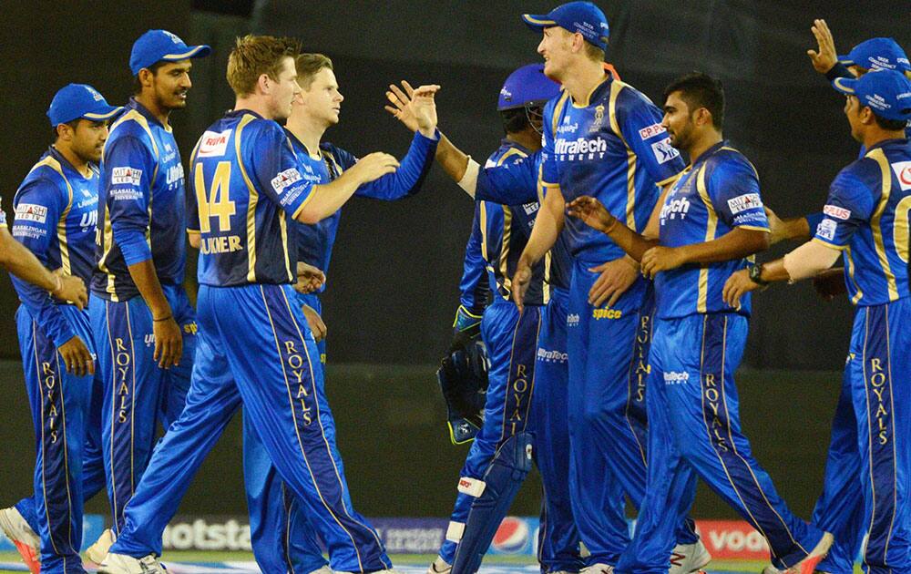 Rajasthan Royals players celebrates a wicket of SE Marsh during their IPL T20 match against Kings XI Punjab at the Sardar Patel Stadium in Ahmedabad.