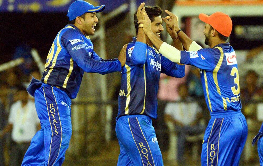 Rajasthan Royals players celebrates a wicket of DA Miller during their IPL T20 match against Kings XI Punjab at the Sardar Patel Stadium in Ahmedabad.