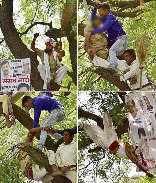 A combo picture shows farmer Gajendra Singh suicide attempt during Aam Aadmi Party (AAP)s rally against the Union governments Land Acquisition Bill at Jantar Mantar in New Delhi.