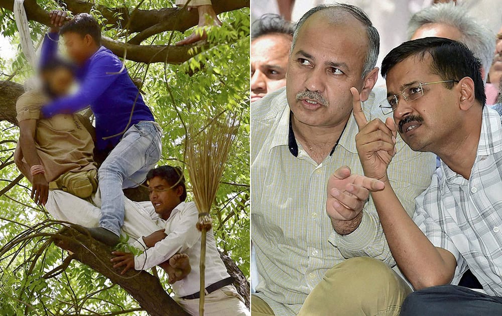 Delhi CM Arvind Kejriwal and his deputy Manish Sisodia looking at a farmer who attempted suicide during Aam Aadmi Party (AAP)s rally against the Union governments Land Acquisition Bill at Jantar Mantar in New Delhi.