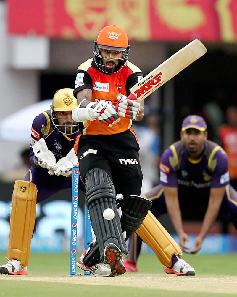 Shikhar Dhawan of Sunrisers Hyderabad plays a shot during their IPL T20 match against Kolkata Knight Riders in Visakhapatnam.