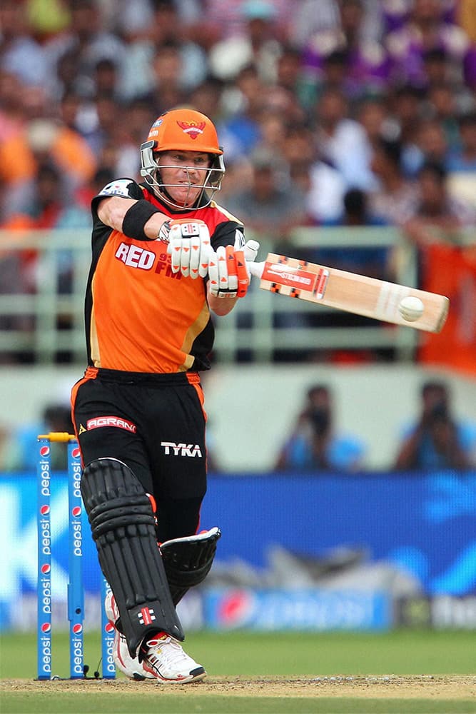 David Warner of the Sunrisers Hyderabad plays a shot during their IPL T20 match against Kolkata Knight Riders in Visakhapatnam.