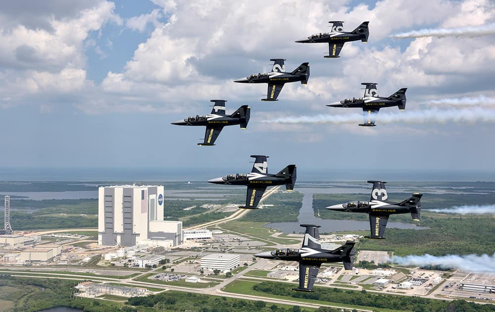 The Breitling Jet Team fly past the Kennedy Space Center in Florida, USA, ahead of the start of their inaugural North American Tour.