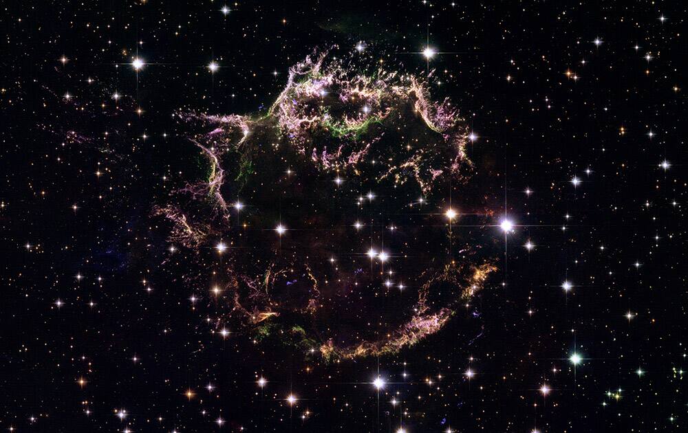 This image made by the NASA/ESA Hubble Space Telescope shows the tattered remains of a supernova explosion known as Cassiopeia A. It is the youngest known remnant from a supernova explosion in the Milky Way. The Hubble Space Telescope marks its 25th anniversary.