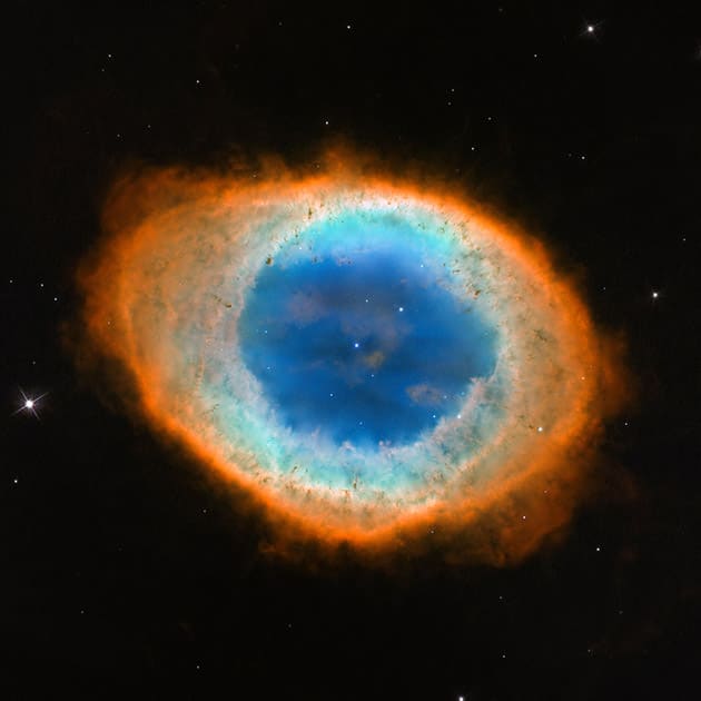 This image made by the NASA/ESA Hubble Space Telescope shows Messier 57, the Ring Nebula. The Hubble Space Telescope marks its 25th anniversary.