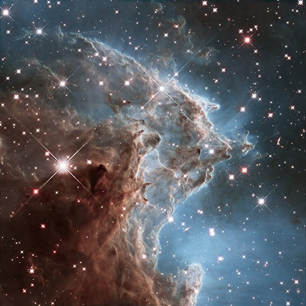 This infrared image made by the NASA/ESA Hubble Space Telescope shows part of NGC 2174, the Monkey Head Nebula. The structure lies about 6400 light-years away in the constellation of Orion (The Hunter). The Hubble Space Telescope marks its 25th anniversary.
