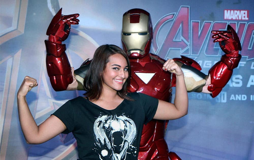 Sonakshi Sinha pose during the special screening of Hollywood film Avengers: Age of Ultron in Mumbai.