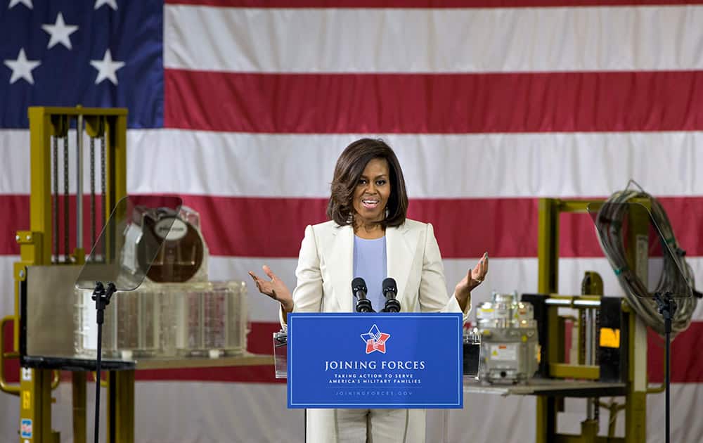 First lady Michelle Obama speaks at Micron Technology, Inc., a semiconductor manufacturer, in Manassas, Va., to announce new commitments to train and hire veterans, and military spouses.