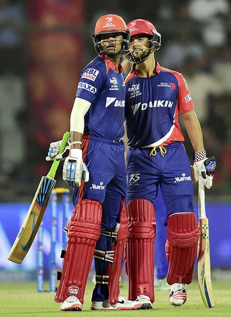 Delhi Daredavils batsmen J P Duminy and S Iyer celebrate during IPL T20 match with Mumbai Indians in New Delhi.