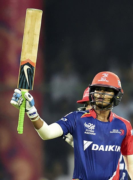 Delhi Daredavils batsman Shreyas Iyer celebrates his 50 during IPLt 20 match with Mumbai Indians in New Delhi.